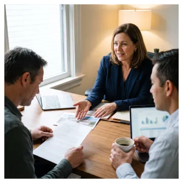 Loan advisor reviewing bridge loan documents with homebuyers