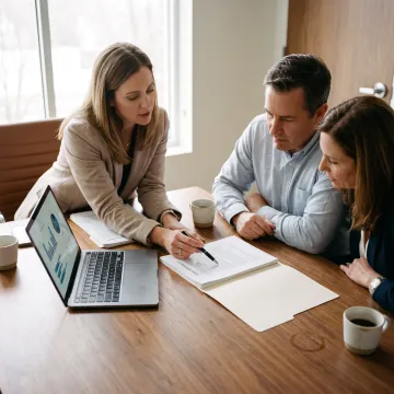 Loan advisor reviewing bridge loan documents with homebuyers