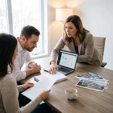 Loan advisor reviewing bridge financing with homebuyers