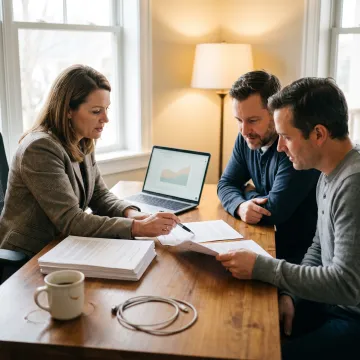 Loan advisor reviewing bridge loan documents with homebuyers