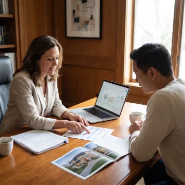 Loan advisor reviewing bridge financing process with home buyer