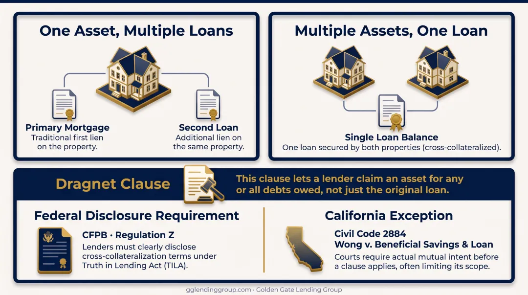 Two types of cross-collateralization structures securing multiple loans diagram