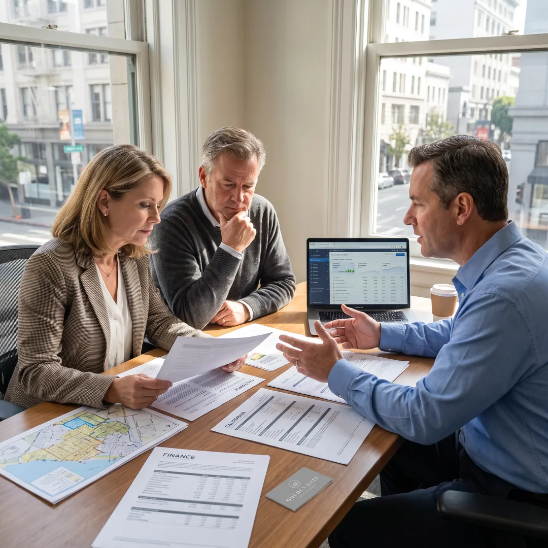 Homebuyers reviewing bridge loan options with a lender