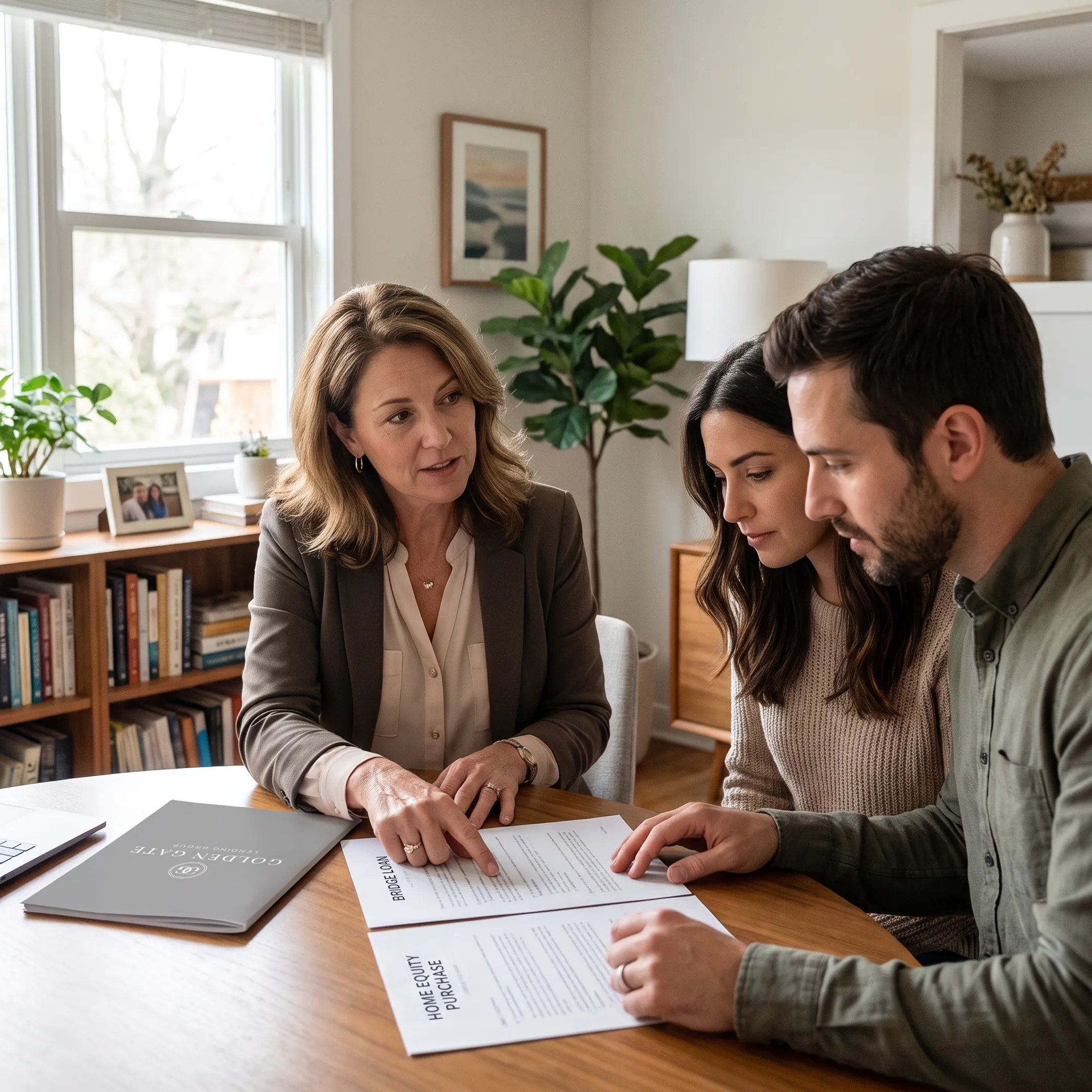 Advisor explaining a bridge loan strategy to homeowners