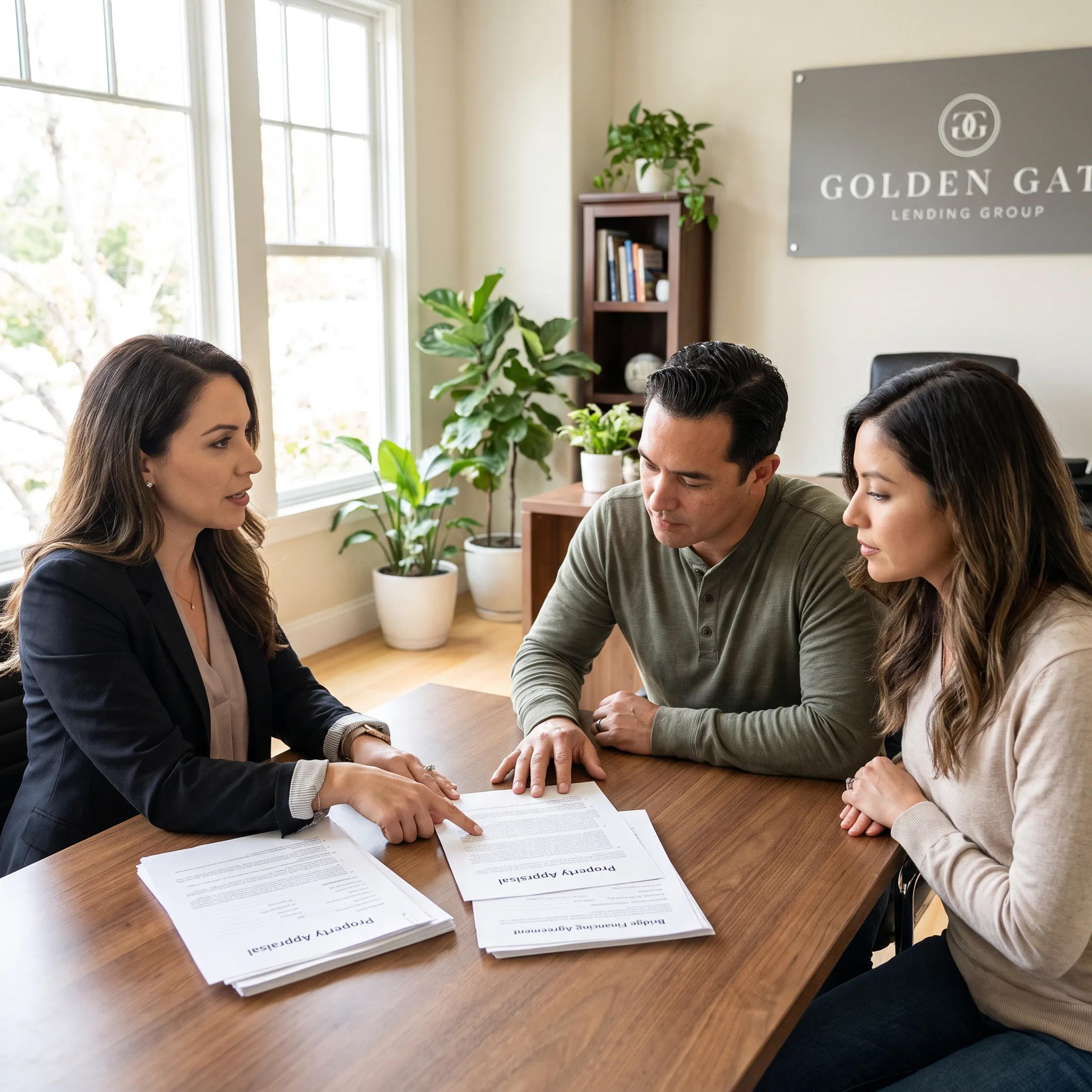 Homebuyers reviewing bridge loan options with a lender