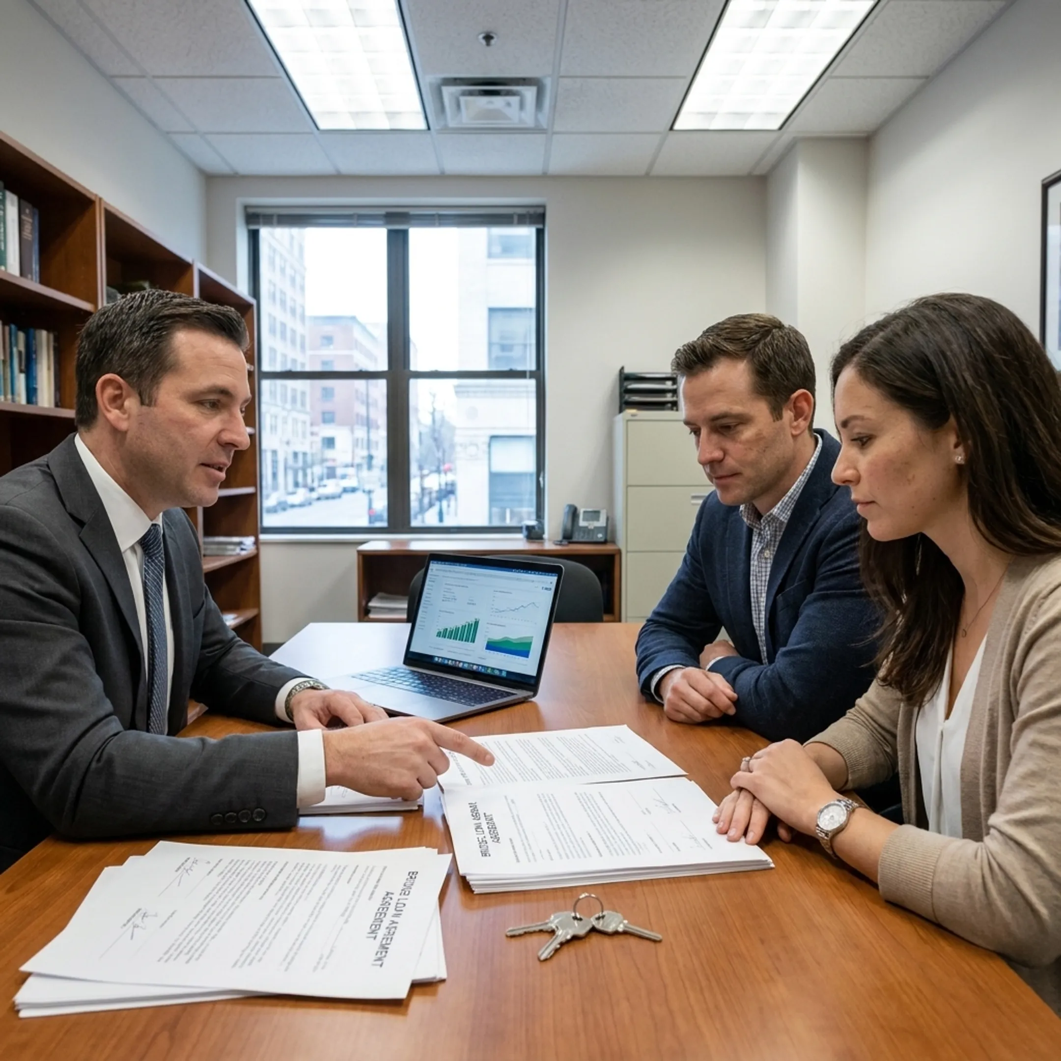 Lender and homeowners reviewing a bridge loan