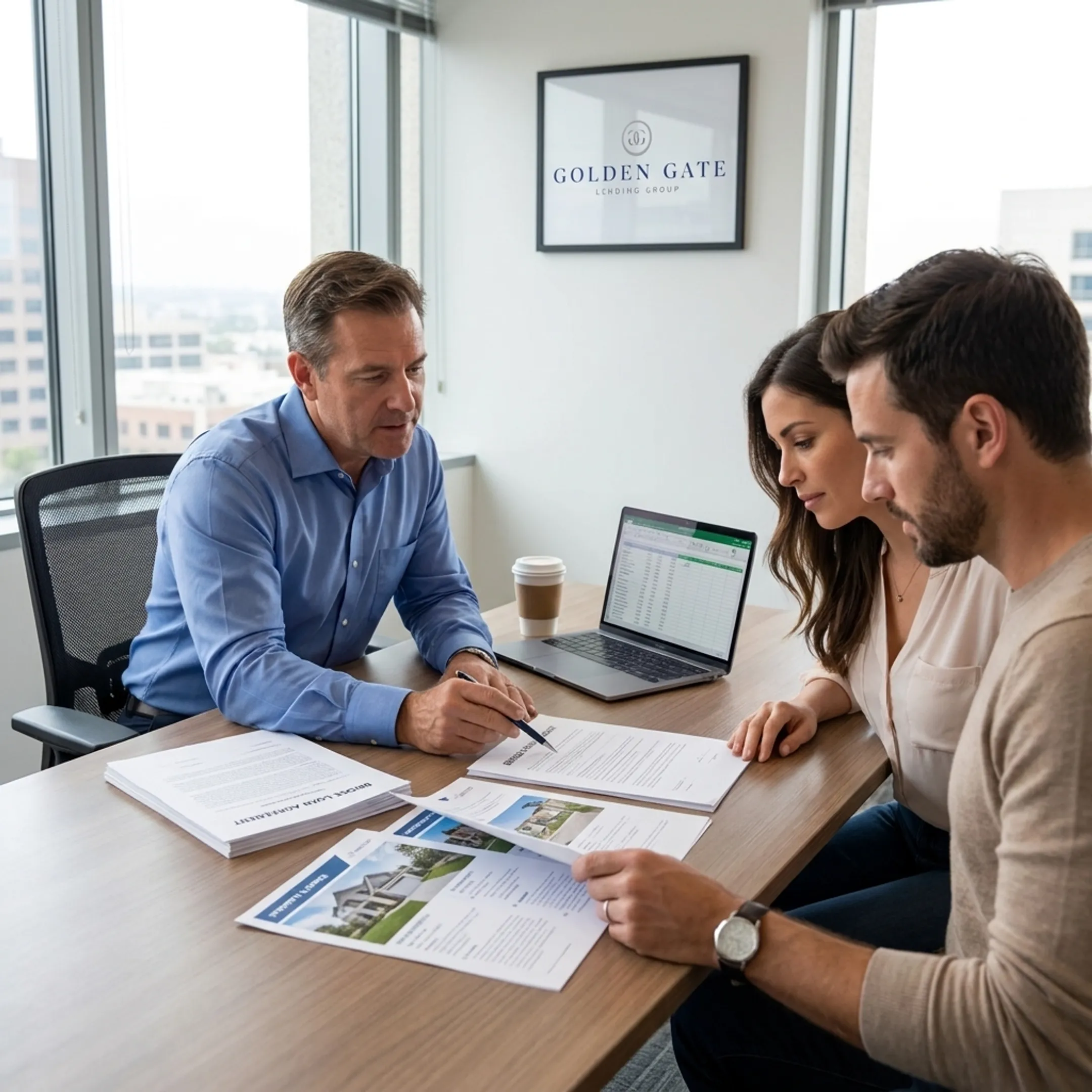 Lending advisor guiding clients through bridge loan paperwork