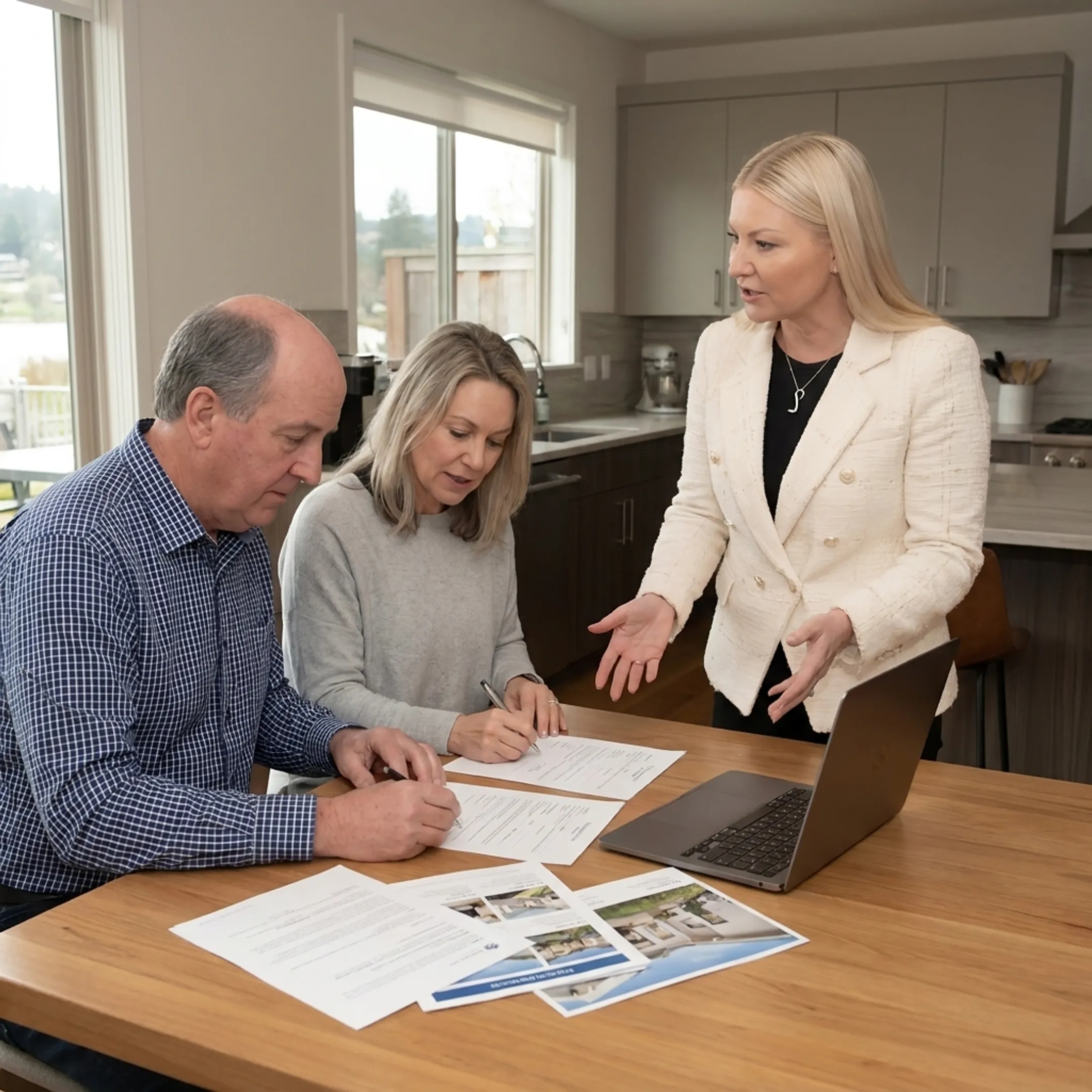 Lending advisor guiding homebuyers through bridge loan paperwork