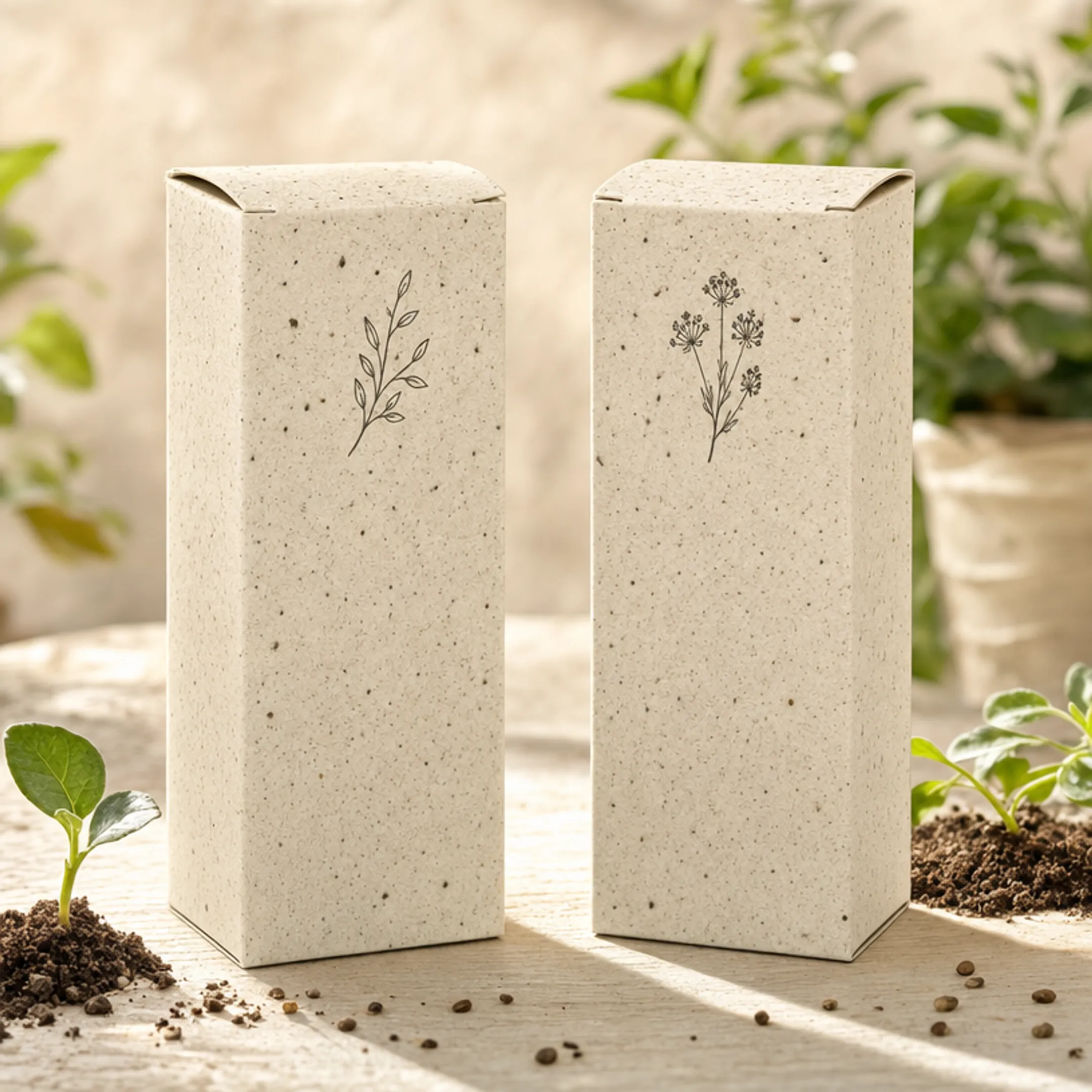 Seed embedded plantable packaging box example from sustainable brand