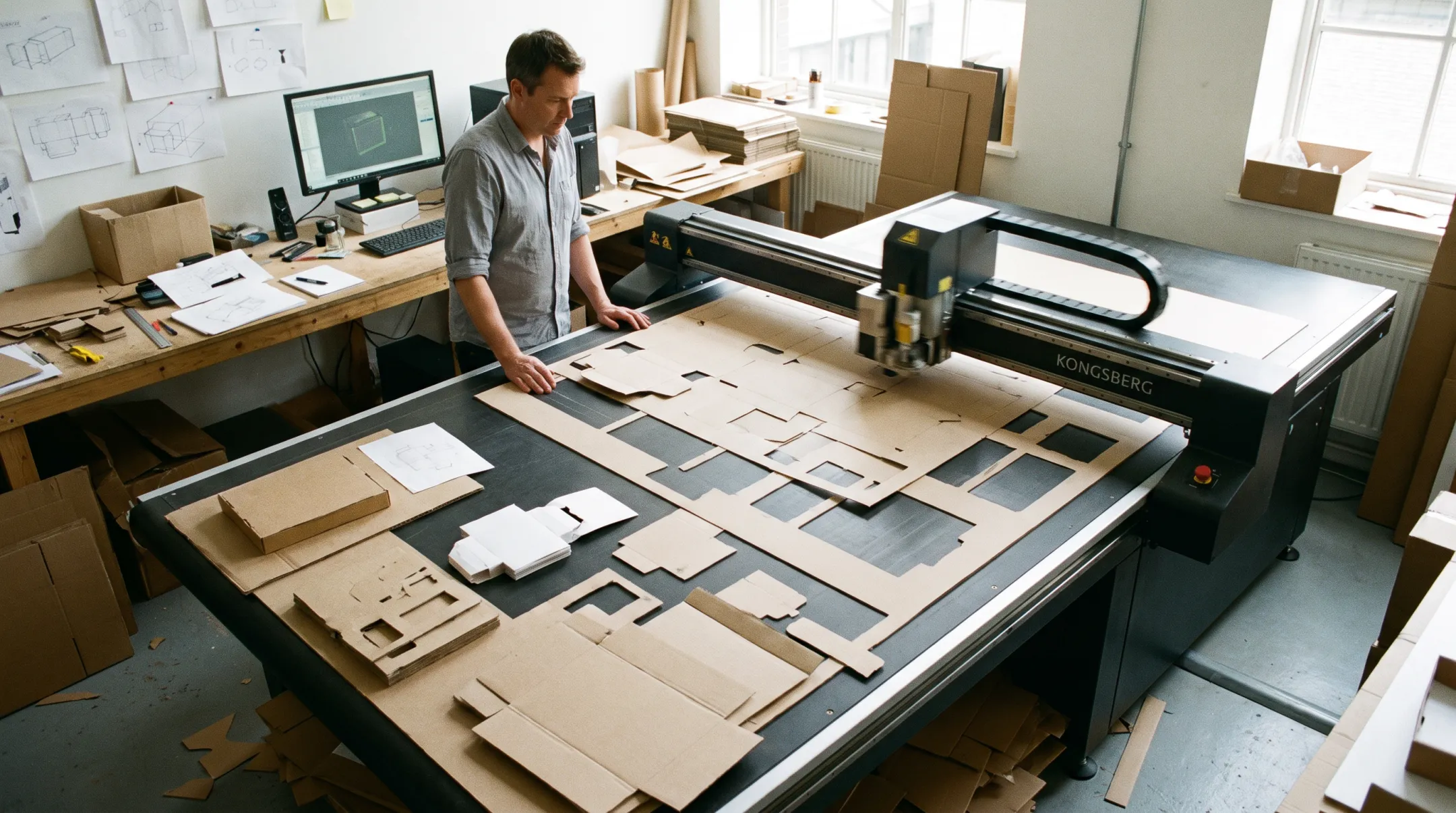 Structural designer using Kongsberg cutter to create rough-draft packaging prototypes