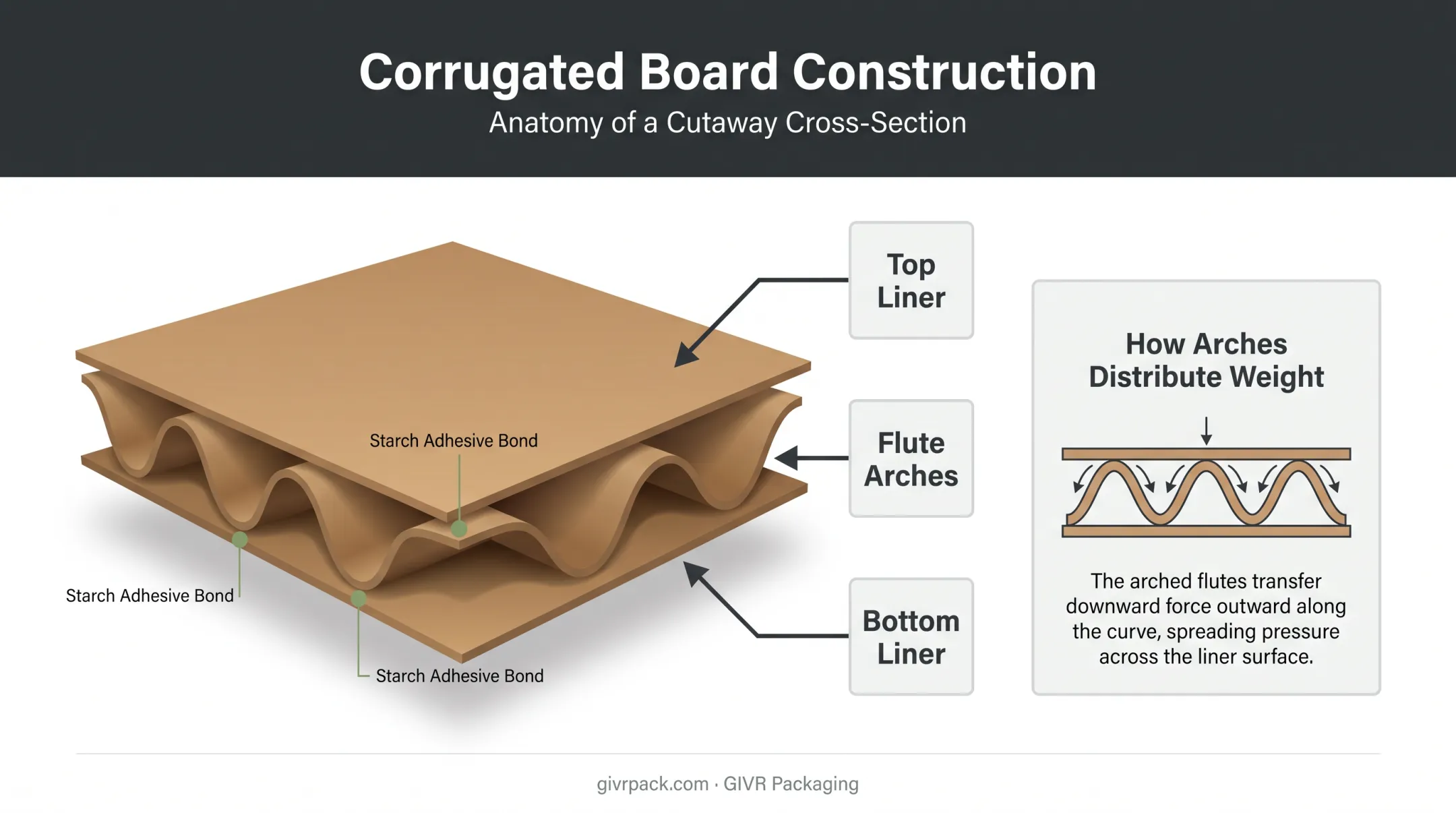 Corrugated board structure showing linerboard and fluted medium layers