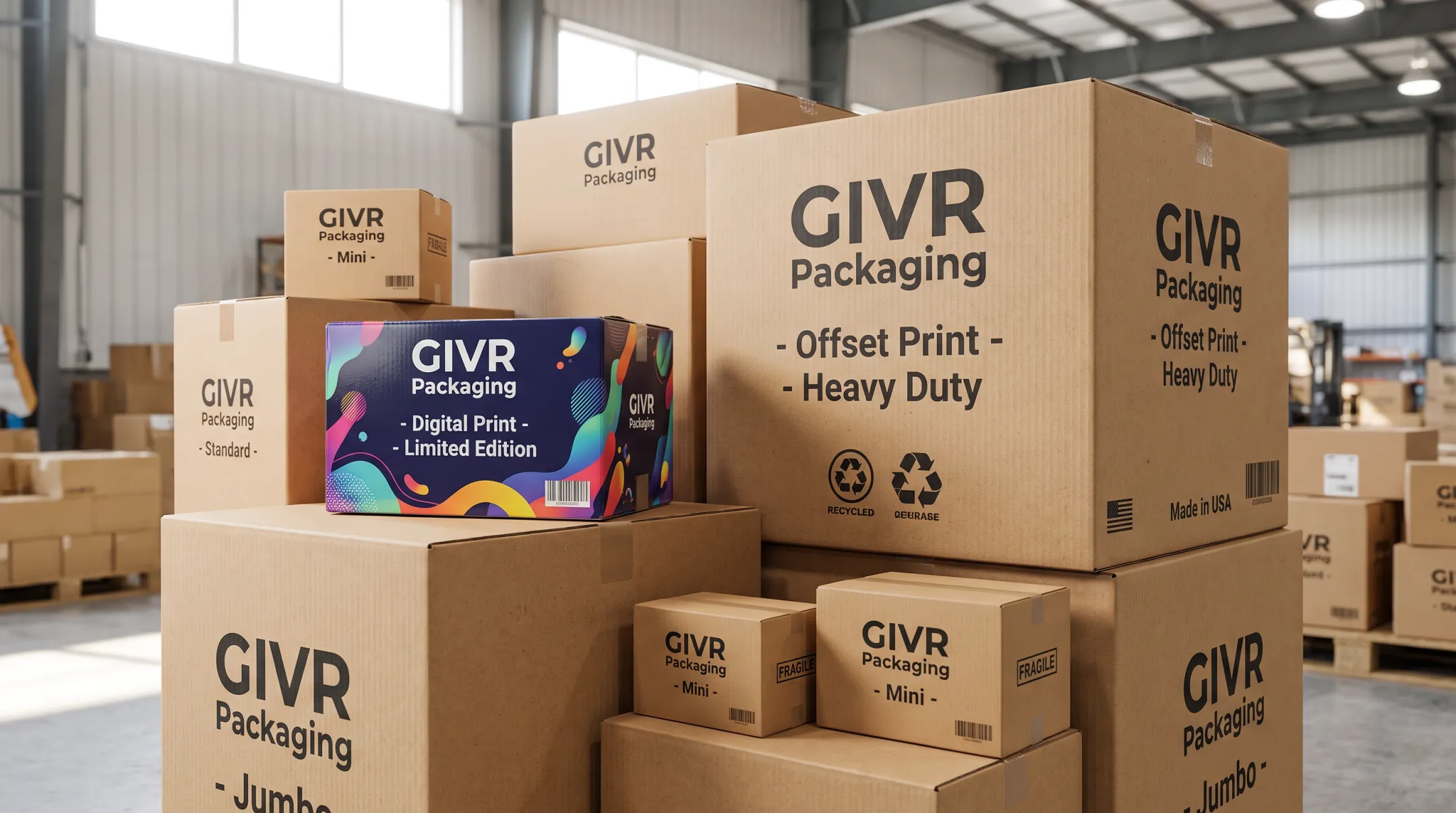 Custom corrugated shipping boxes in various sizes and print finishes