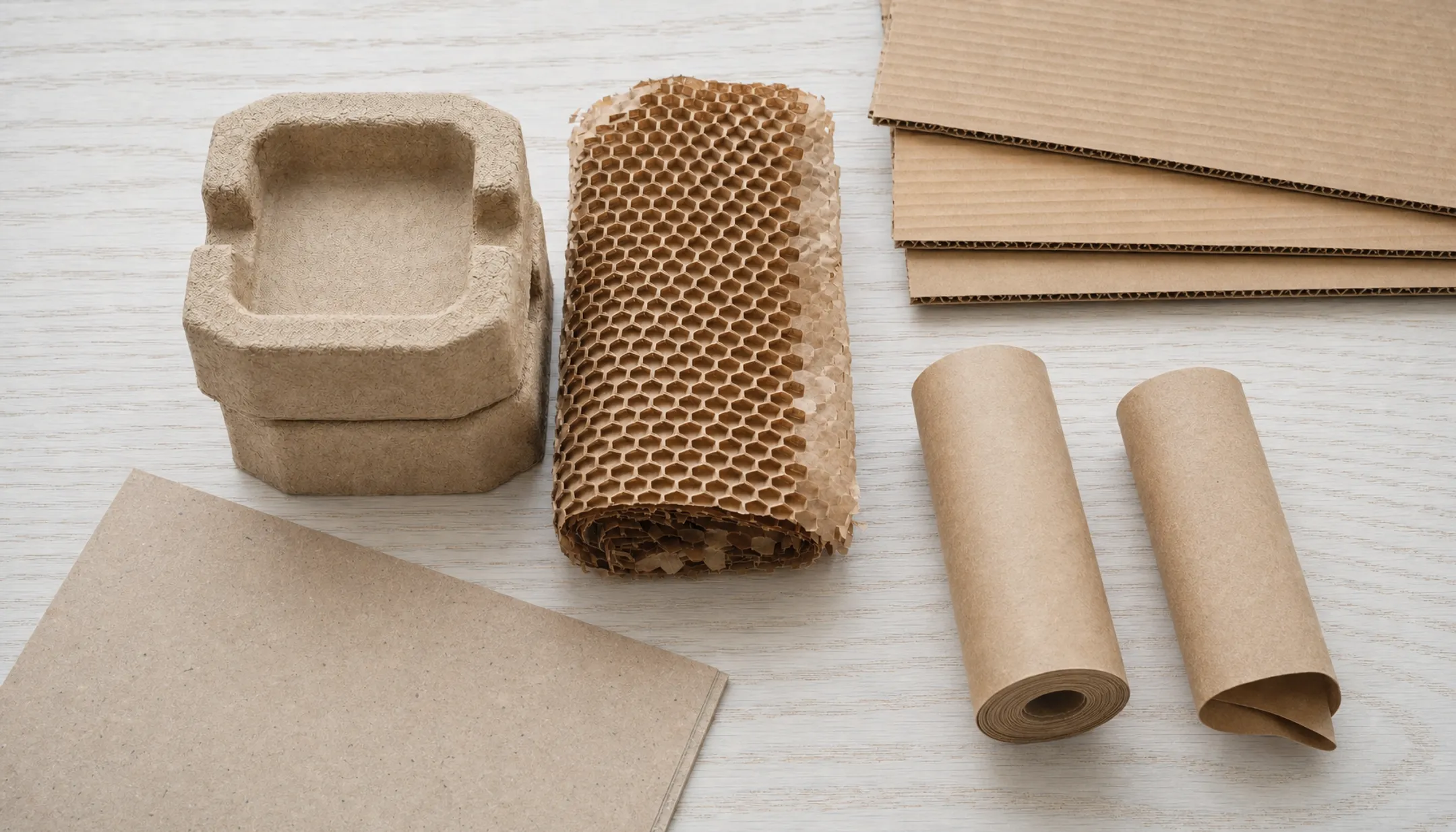 Assorted sustainable packaging materials including kraft paper and molded pulp