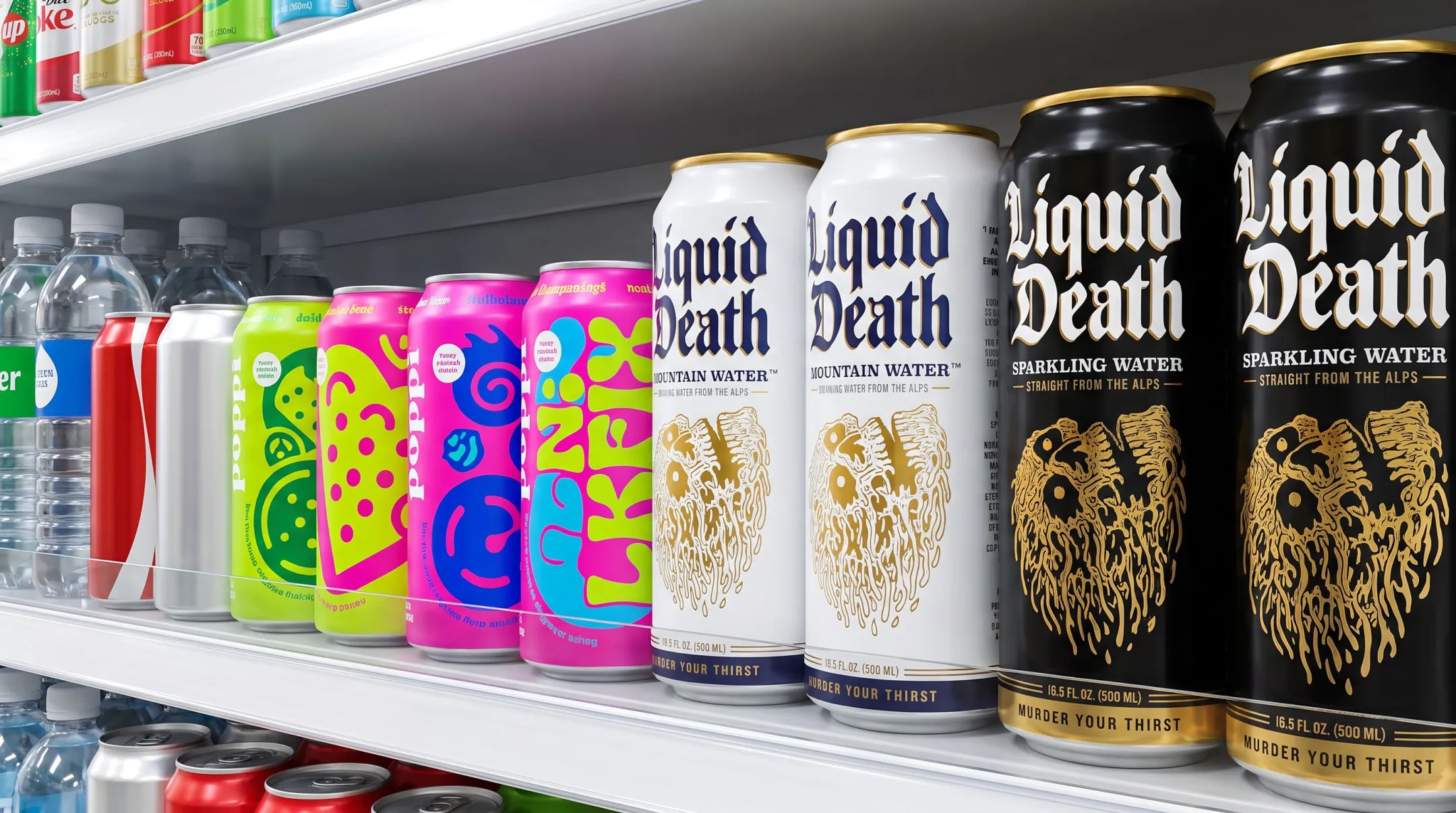 Bold disruptive beverage can branding with high-contrast graphics on shelf