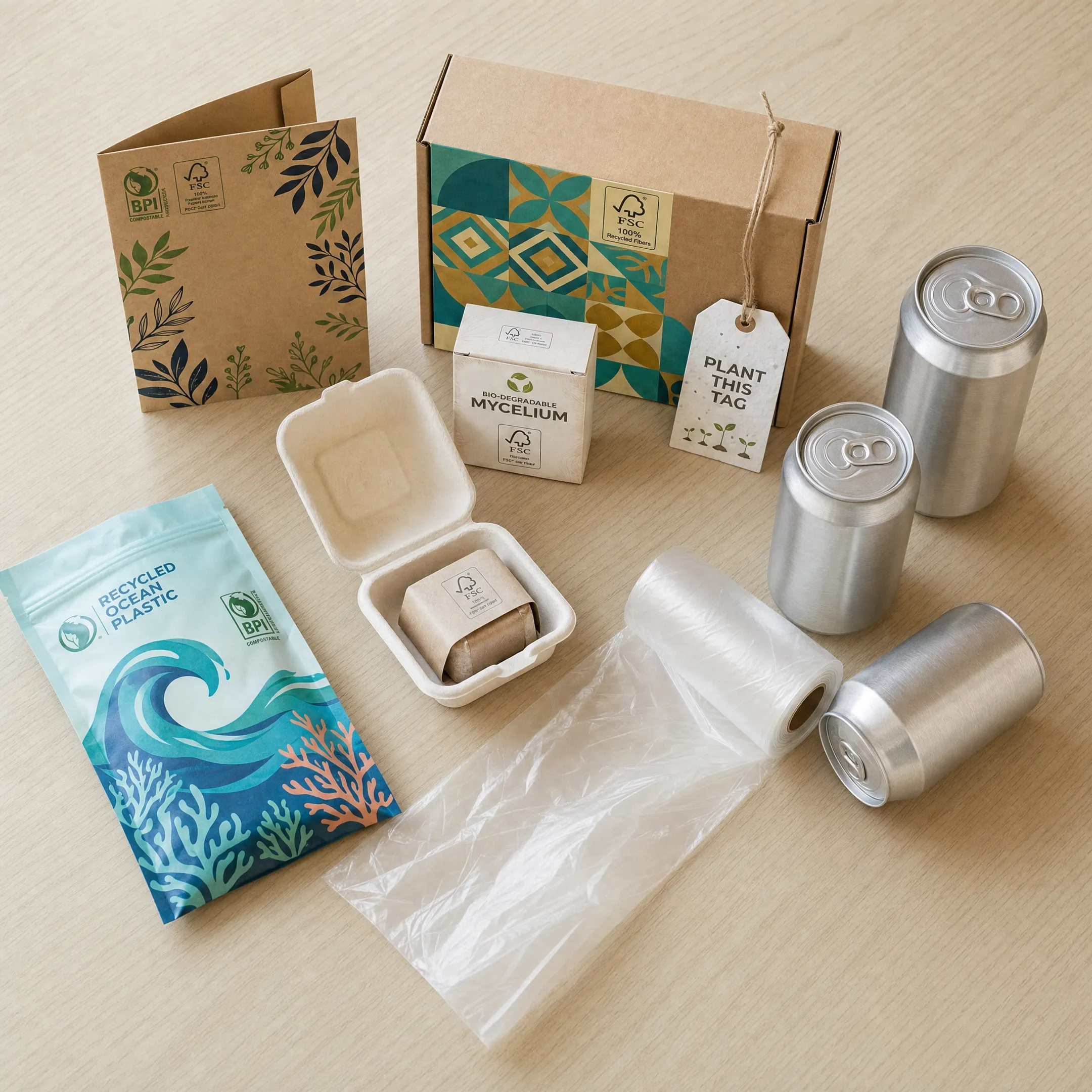 Assorted sustainable packaging materials including molded fiber and paperboard cartons