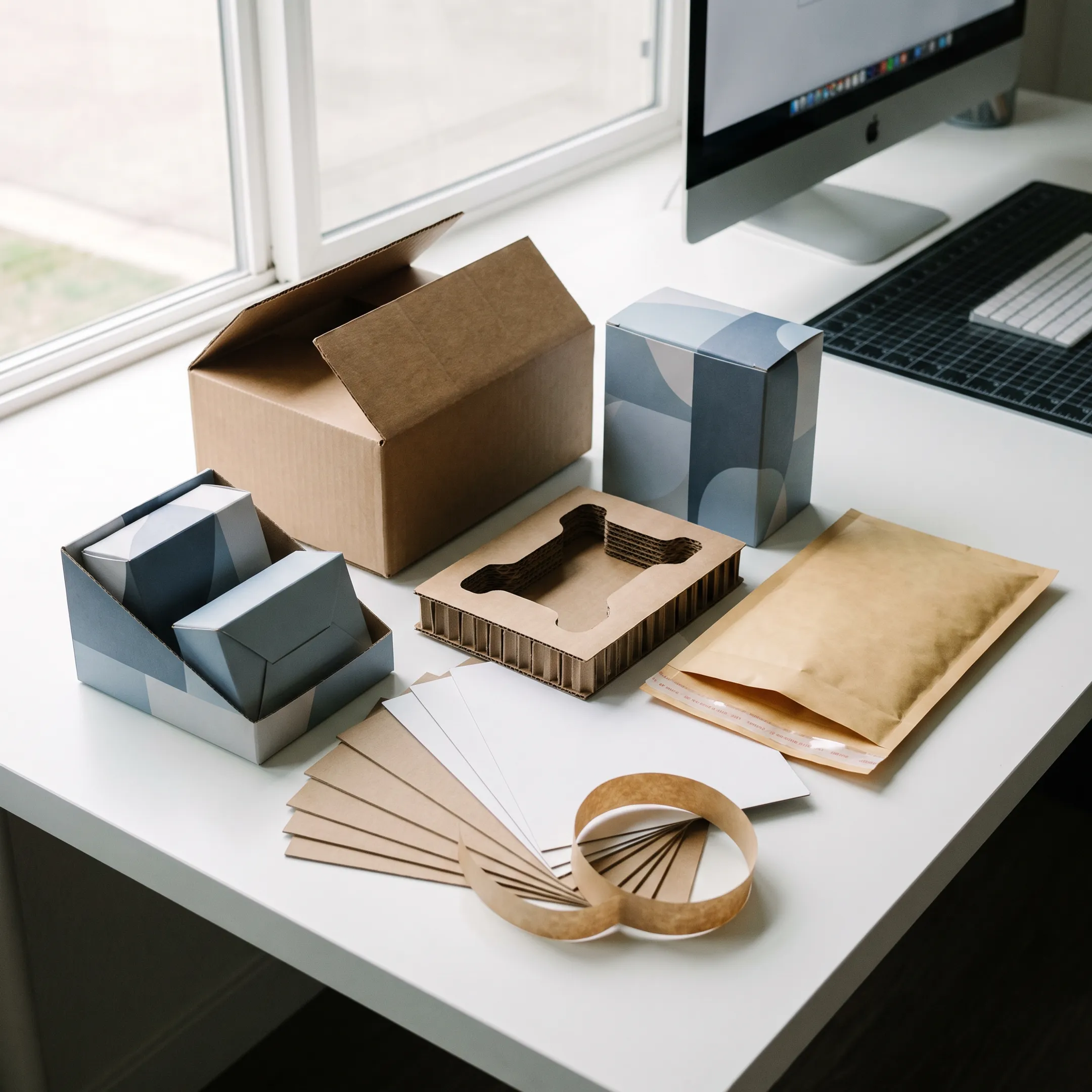 Custom branded boxes and packaging on a worktable