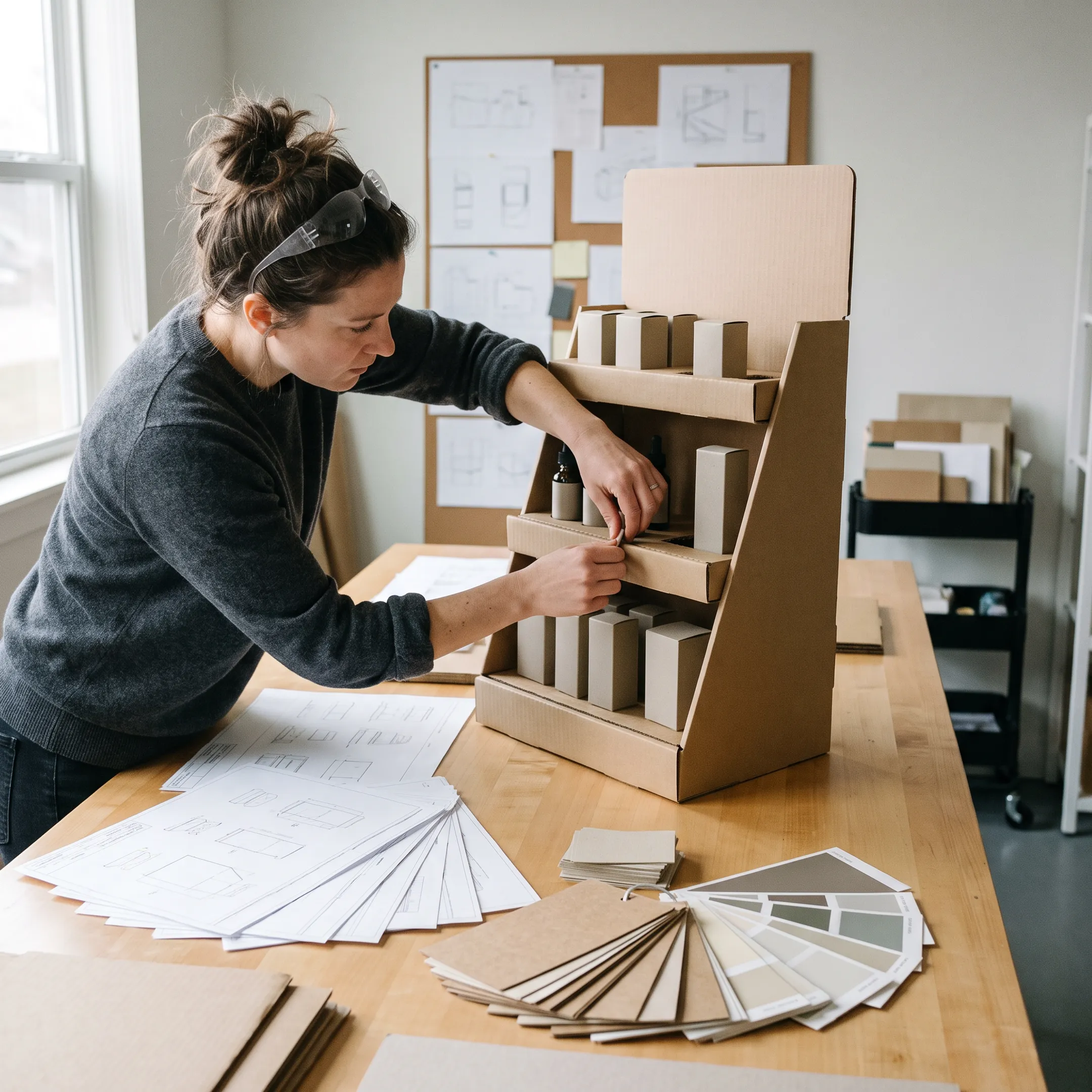 Designer reviewing a retail display box prototype