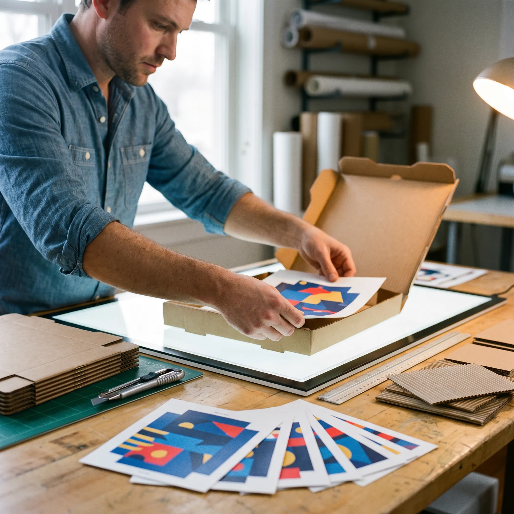 Designer reviewing custom pizza box artwork