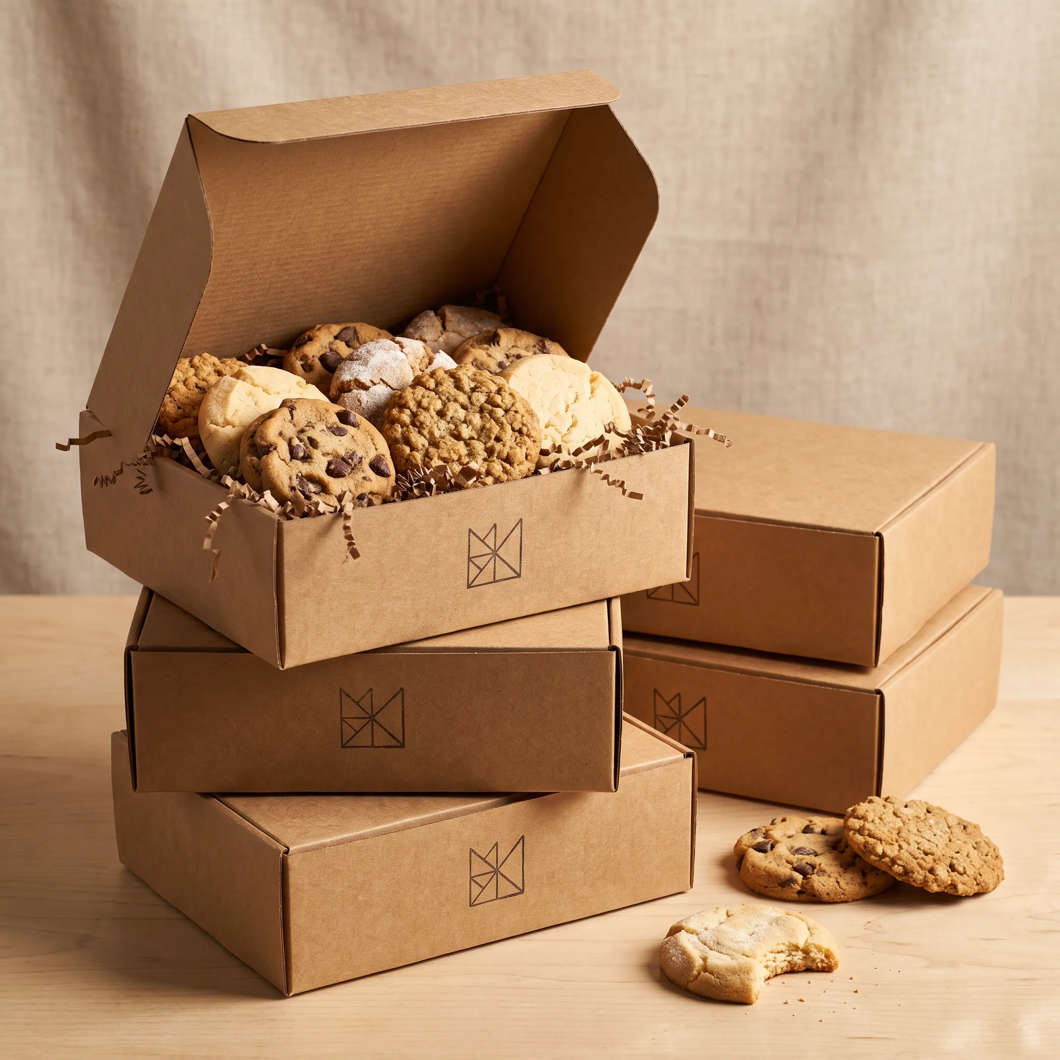 Stacked brown cookie boxes with branded labels