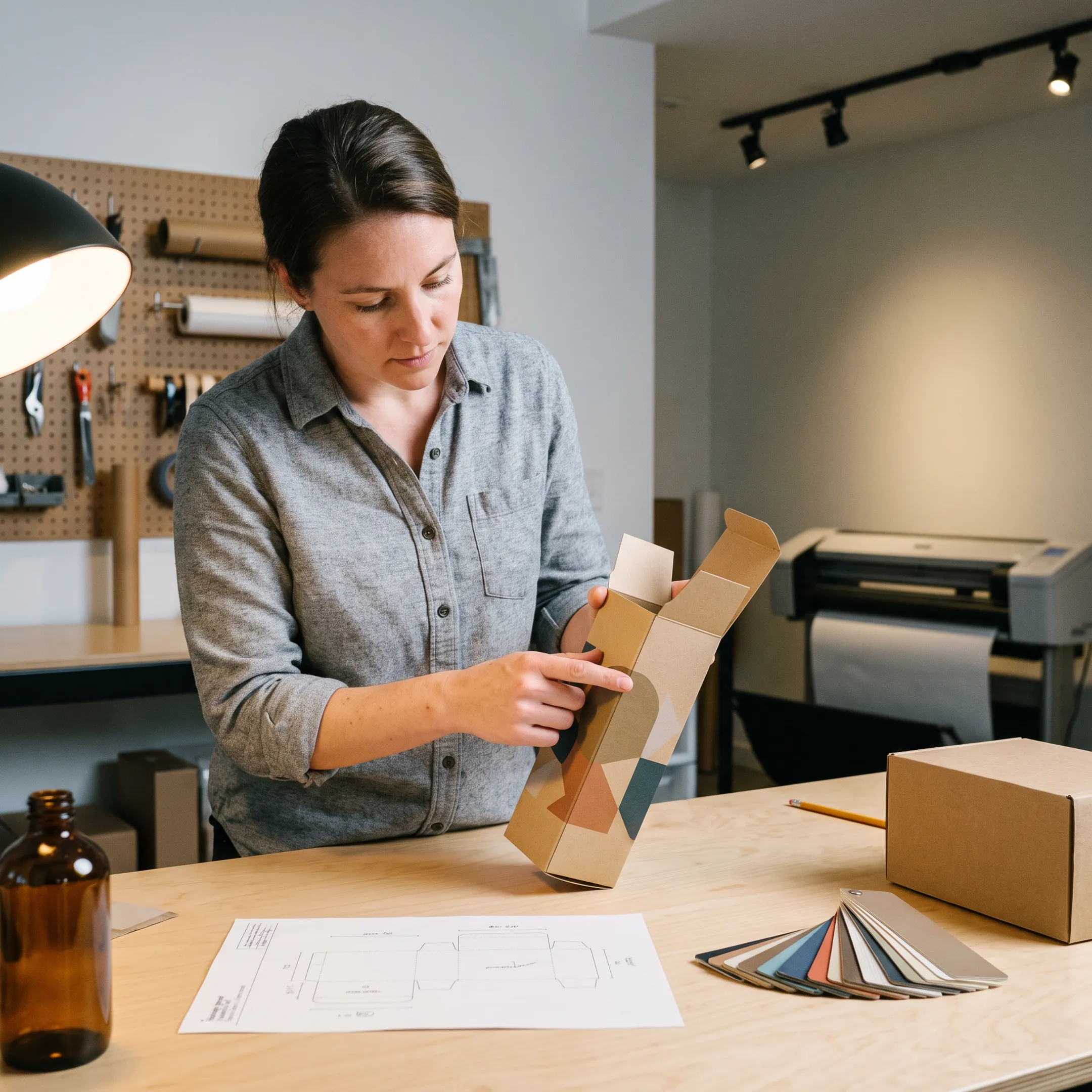 Designer reviewing a custom folding carton prototype