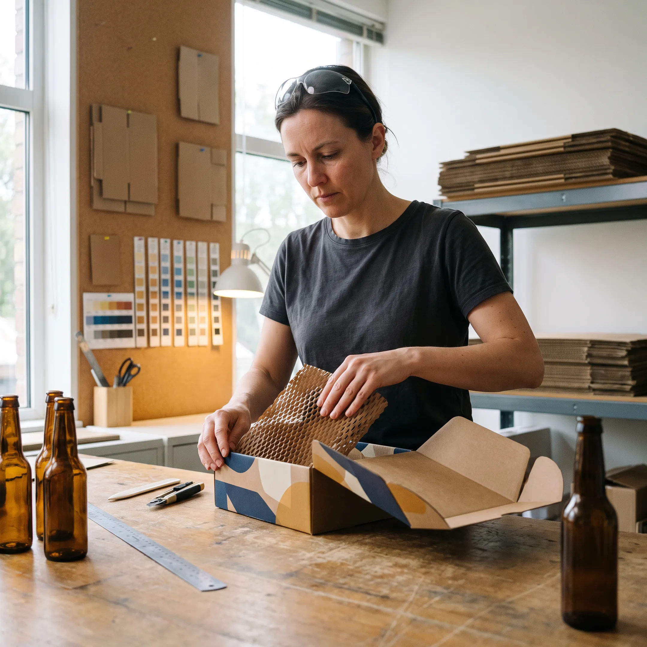 Designer reviewing custom beverage carton prototype