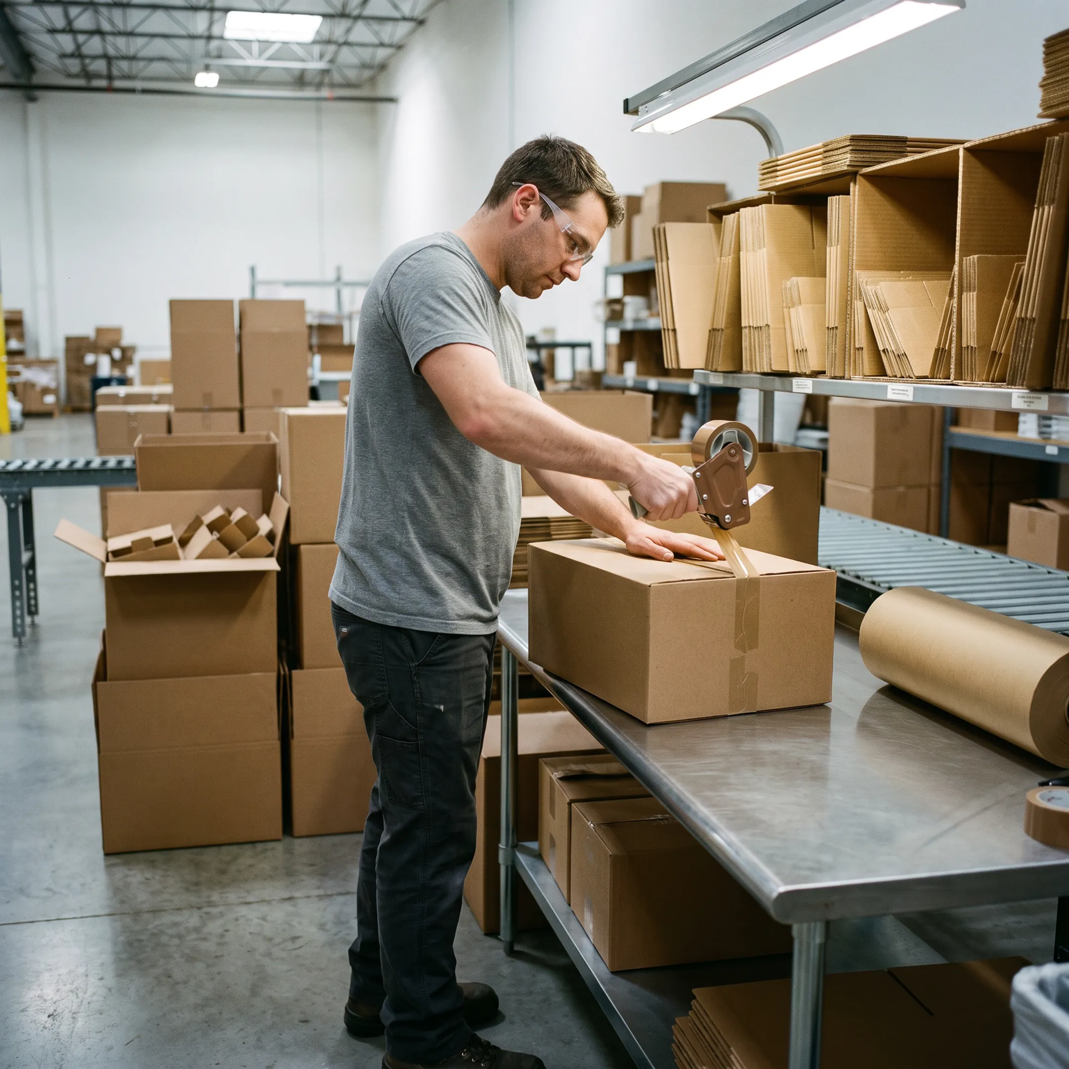 E-commerce brand packing brown corrugated boxes