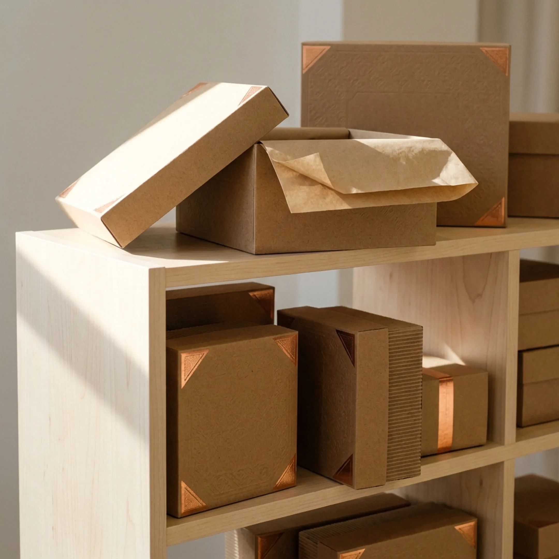 Retail gift box display in brown cardboard
