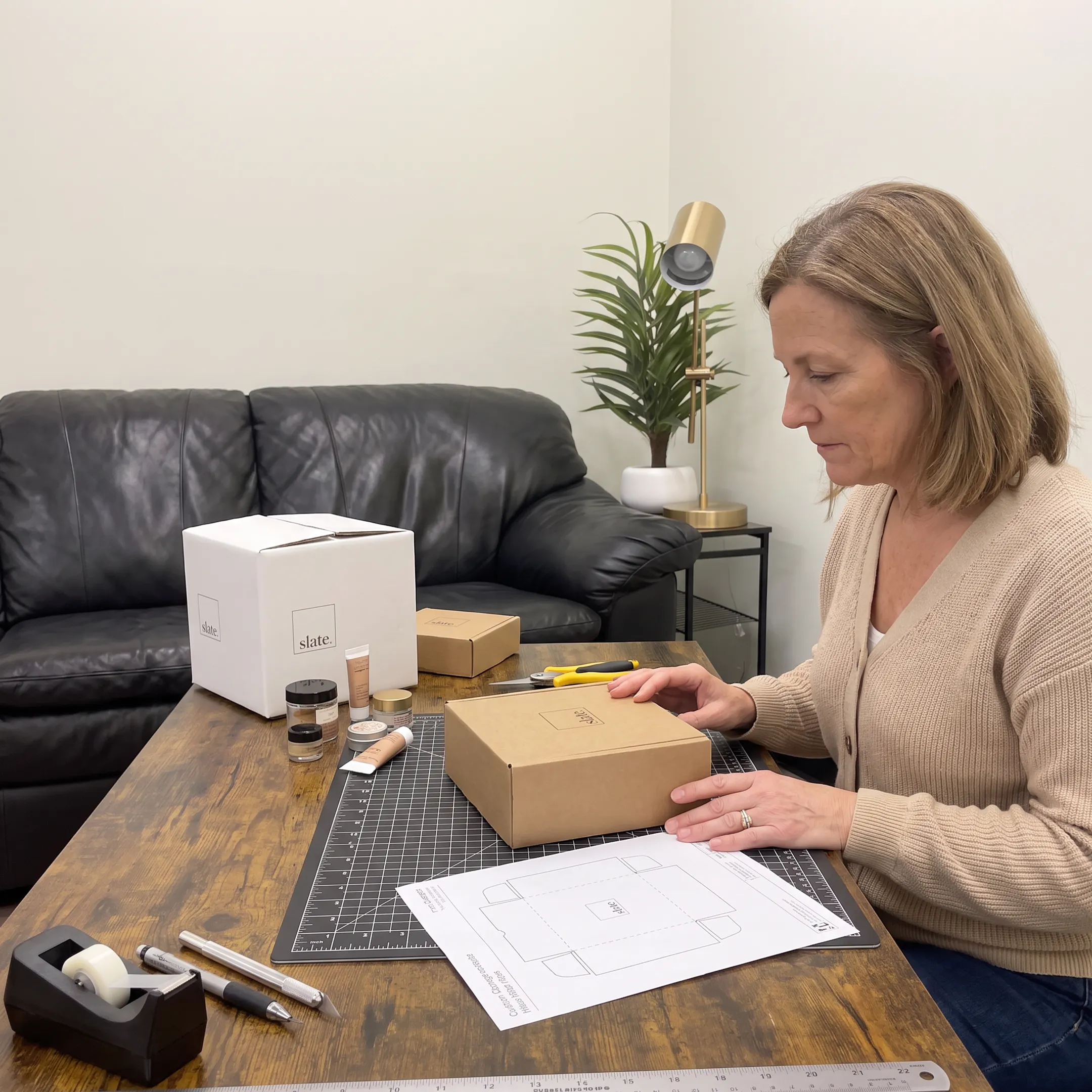 Designer reviewing a branded mailer box prototype
