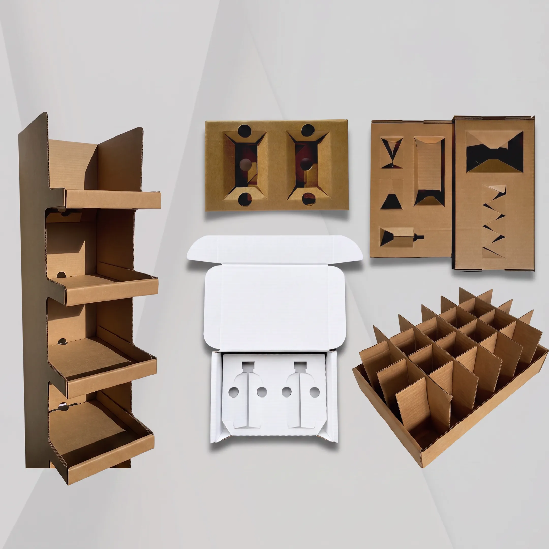 Custom branded boxes, mailers, and inserts arranged for a product launch