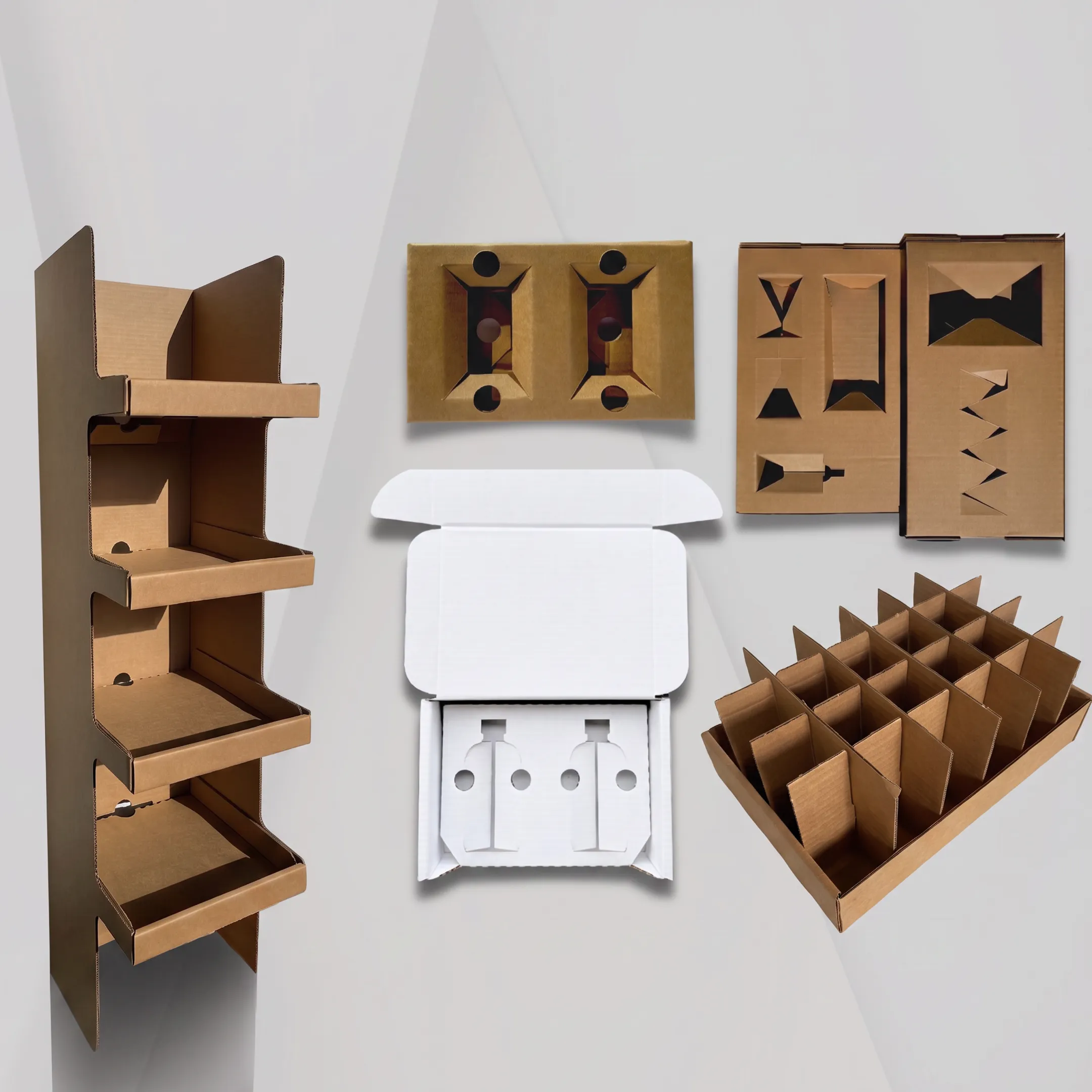 Branded custom boxes, cartons, and inserts arranged on a worktable