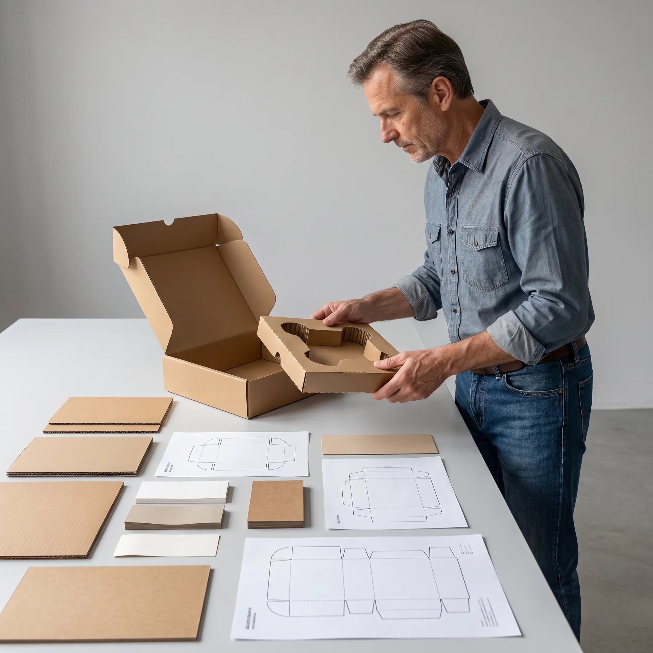 Designer reviewing a corrugated box prototype