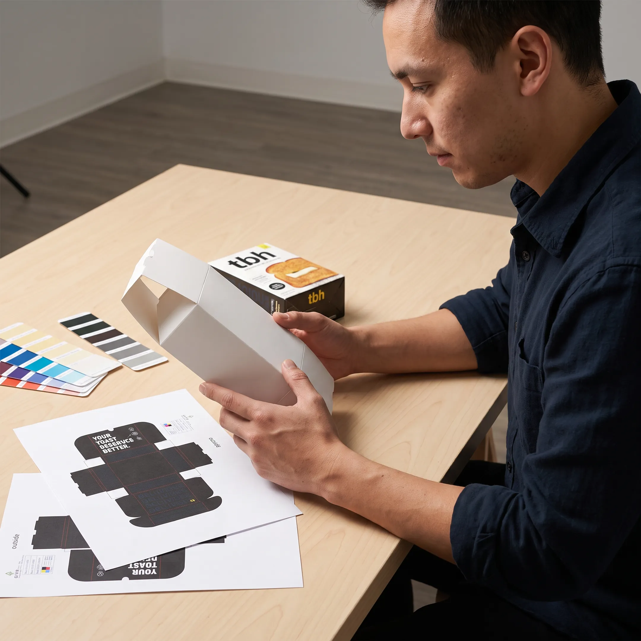 Designer reviewing a folding carton prototype