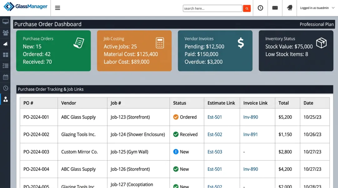 GlassManager purchase order dashboard showing linked job costing and inventory data