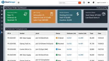 GlassManager purchase order dashboard showing linked job costing and inventory data