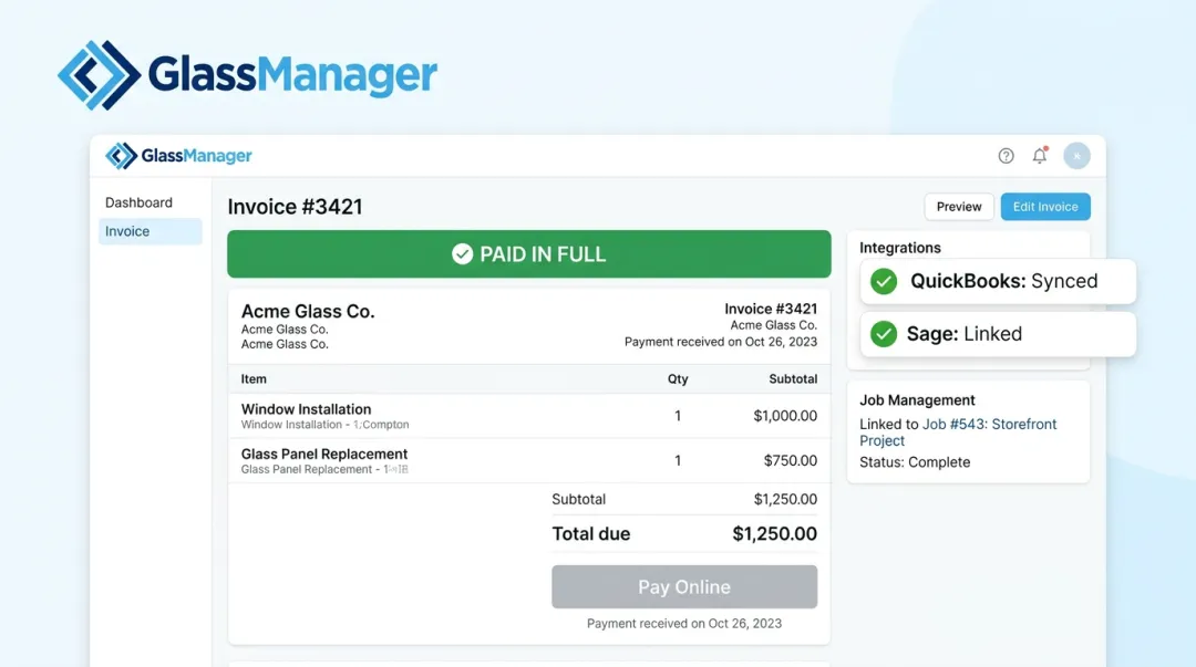 GlassManager invoice interface showing Pay Online button and automatic job sync