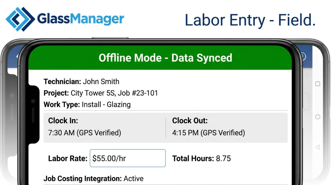 GlassManager mobile app displaying job-linked labor time entry screen