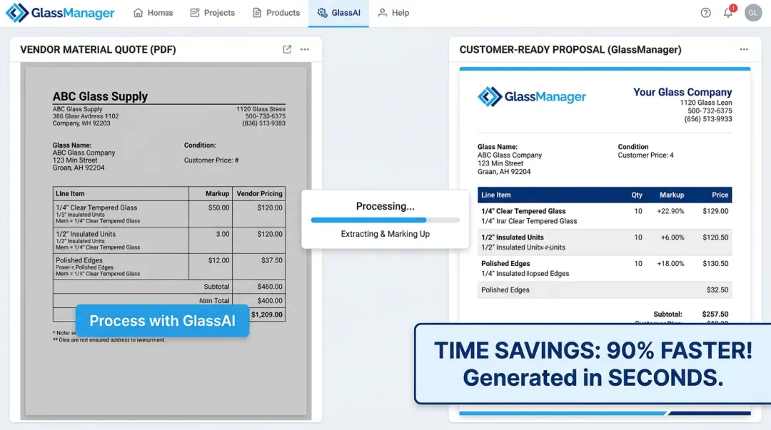 GlassManager GlassAI feature converting vendor material quotes into proposals