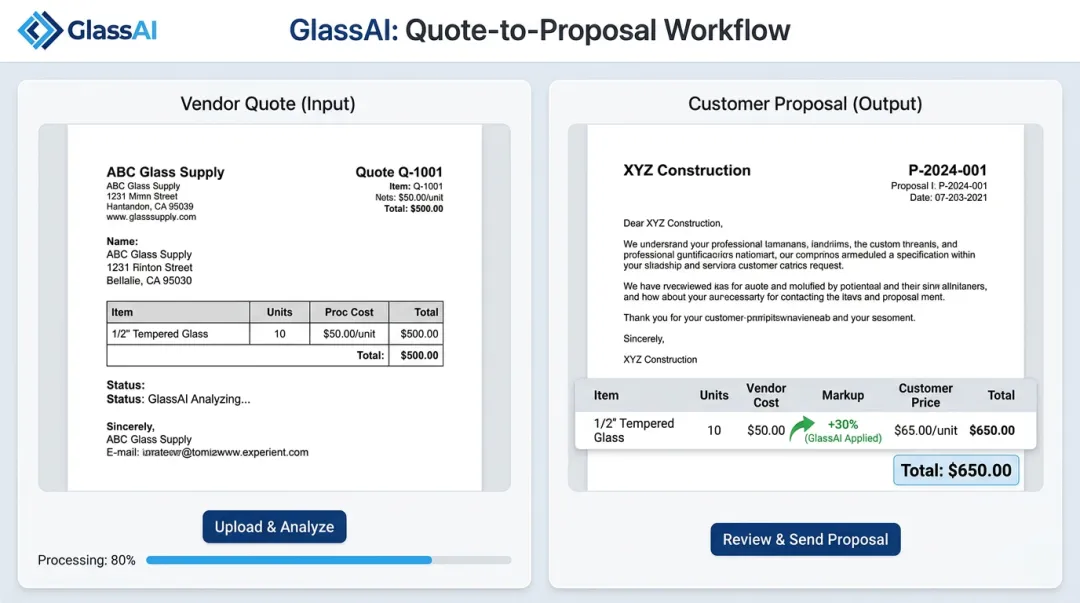 GlassAI interface converting vendor quote into customer proposal