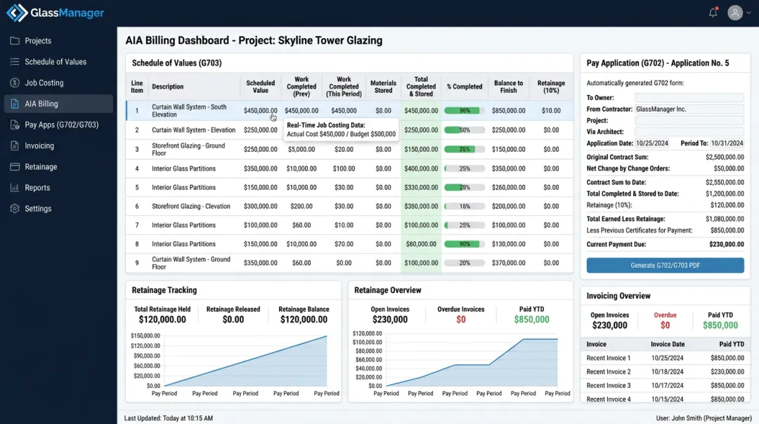 GlassManager software dashboard showing AIA billing and invoicing tools