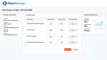 GlassManager purchase order dashboard tracking vendor data and delivery reconciliation