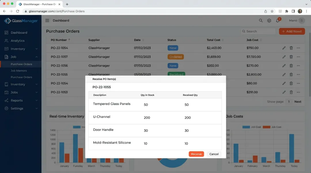 GlassManager purchase orders module dashboard showing status tracking and receiving