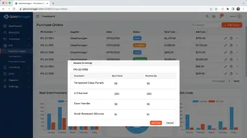 GlassManager purchase orders module dashboard showing status tracking and receiving