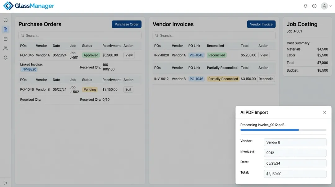 GlassManager dashboard showing linked purchase orders and vendor invoice reconciliation