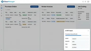 GlassManager dashboard showing linked purchase orders and vendor invoice reconciliation