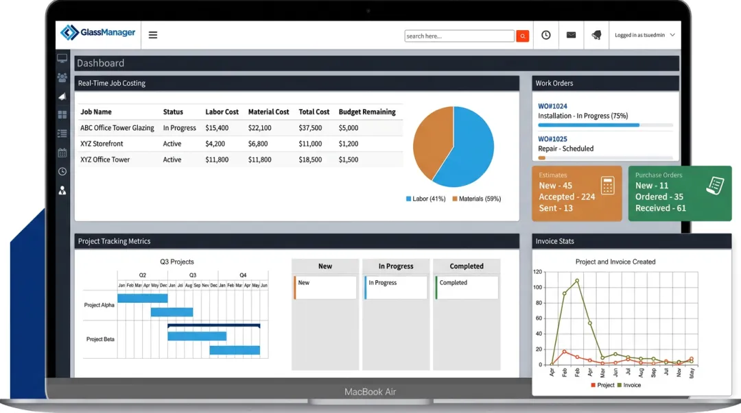 GlassManager software dashboard displaying job costing and project tracking for glaziers