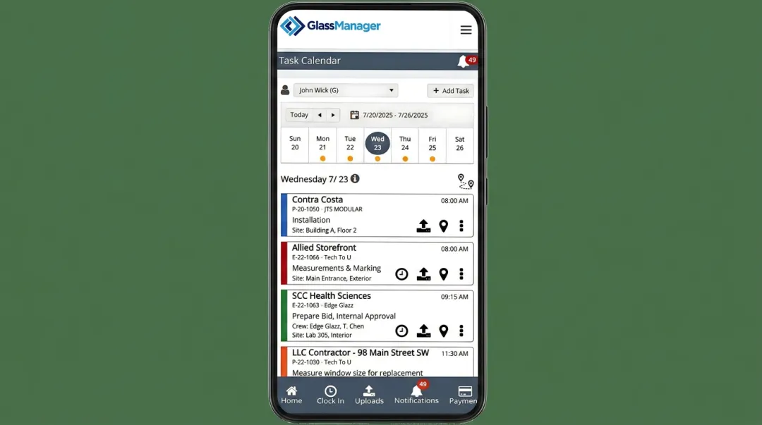 GlassManager mobile app displaying crew schedule and job assignments interface