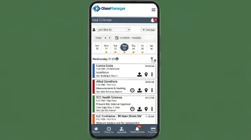 GlassManager mobile app displaying crew schedule and job assignments interface