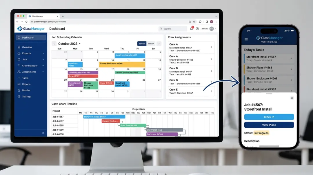 GlassManager scheduling dashboard showing crew assignments and project timeline