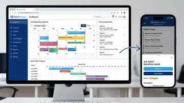 GlassManager scheduling dashboard showing crew assignments and project timeline