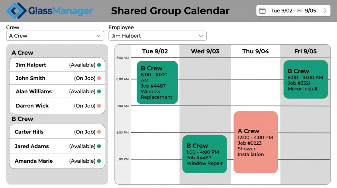 GlassManager shared calendar dashboard showing crew schedules and job status